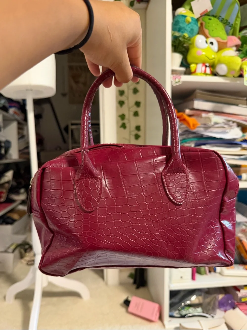 Brand New Textured Faux-Croc Small Satchel in Berry
